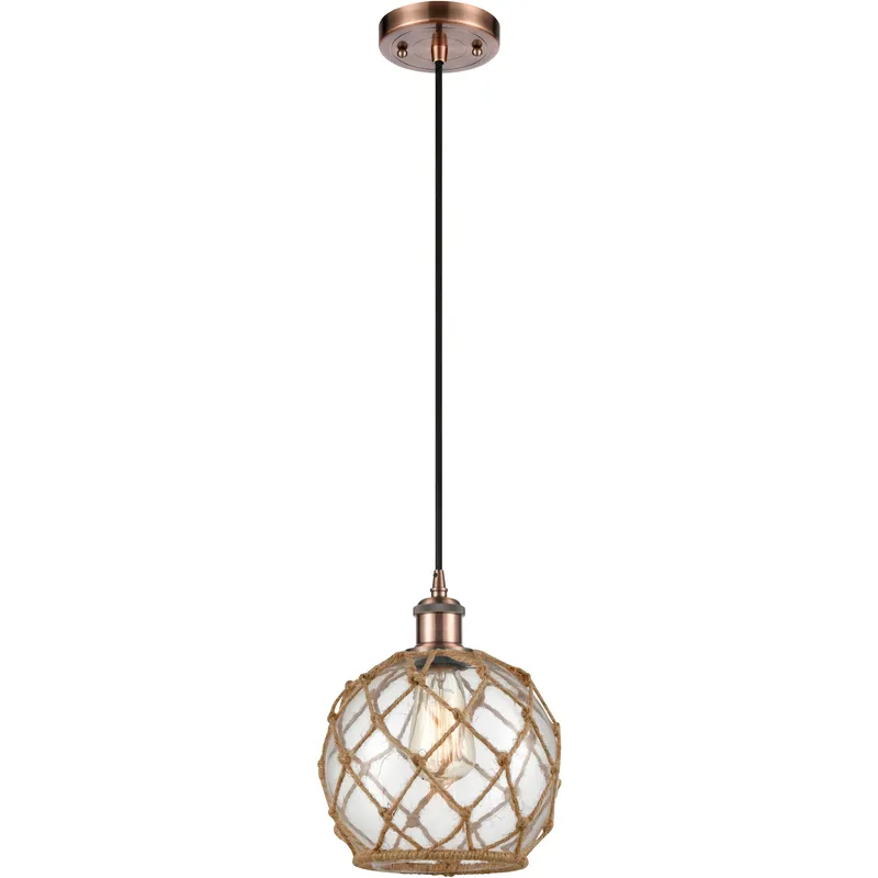 Ballston Farmhouse Rope LED 8 inch Antique Copper Mini Pendant Ceiling Light in Clear Glass with Brown Rope, Ballston