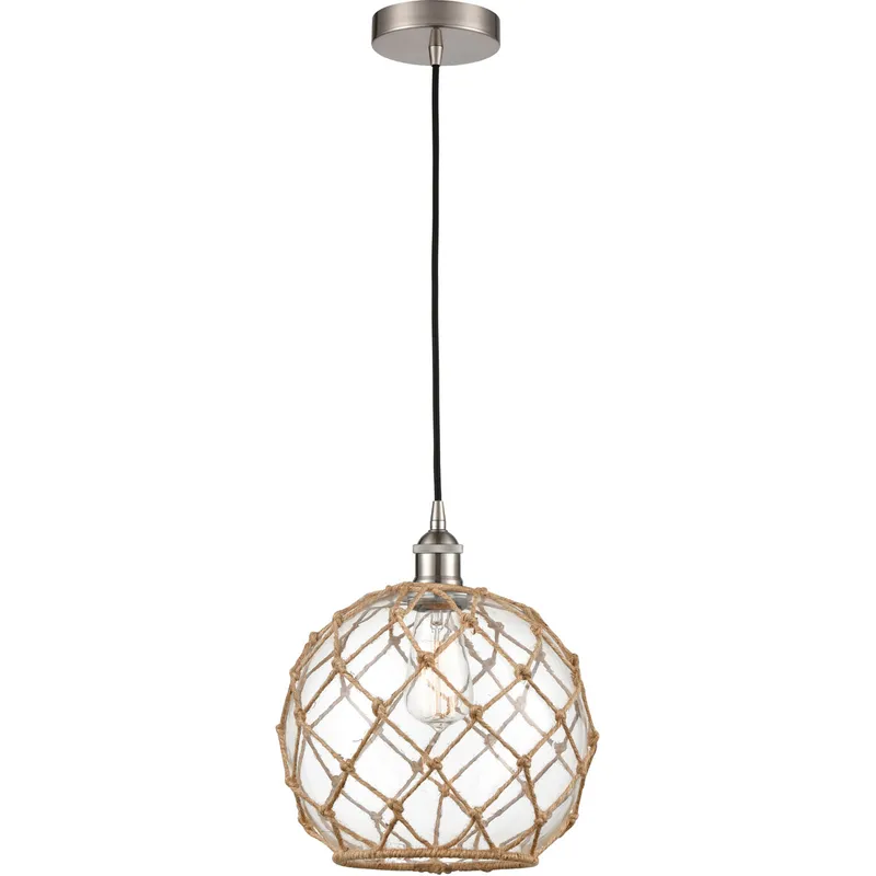 Edison Farmhouse Rope LED 10 inch Brushed Satin Nickel Mini Pendant Ceiling Light in Clear Glass with Brown Rope