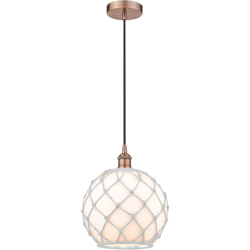 Edison Farmhouse Rope LED 10 inch Antique Copper Mini Pendant Ceiling Light in White Glass with White Rope