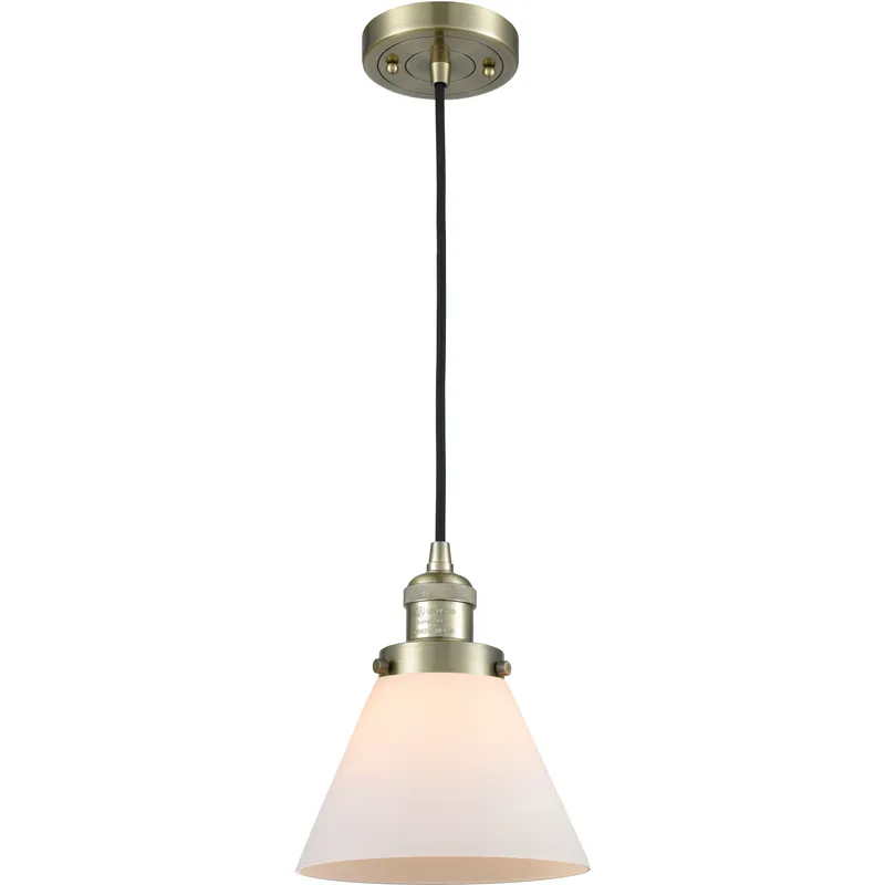 Franklin Restoration Cone 1 Light 8 inch Antique Brass Mini Pendant Ceiling Light in Incandescent, Matte White, Franklin Restoration