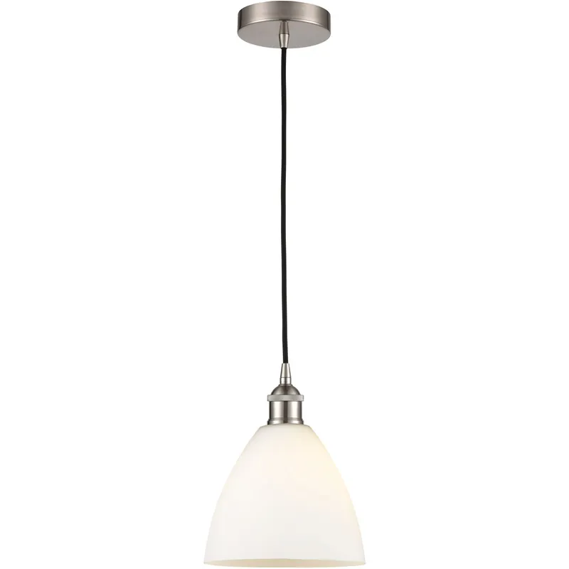 Edison Dome LED 7.5 inch Brushed Satin Nickel Mini Pendant Ceiling Light in Matte White Glass
