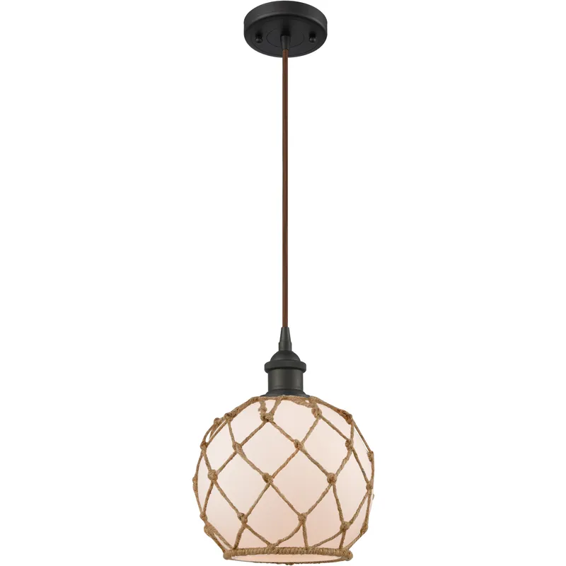 Ballston Farmhouse Rope LED 8 inch Oil Rubbed Bronze Mini Pendant Ceiling Light in White Glass with Brown Rope, Ballston