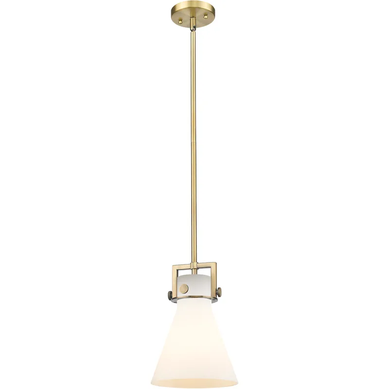 Newton Cone 1 Light 8 inch Brushed Brass Mini Pendant Ceiling Light in Matte White Glass