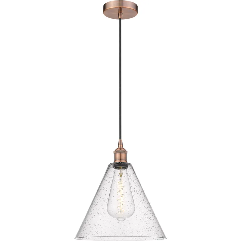 Edison Cone LED 12 inch Antique Copper Mini Pendant Ceiling Light in Seedy Glass