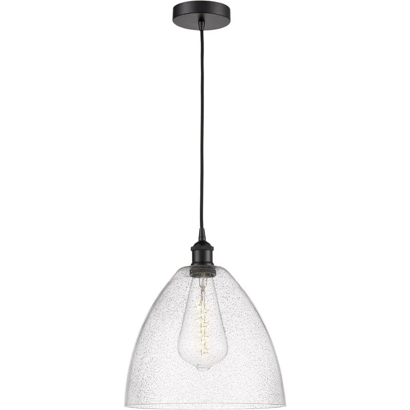 Edison Dome LED 12 inch Matte Black Mini Pendant Ceiling Light in Seedy Glass