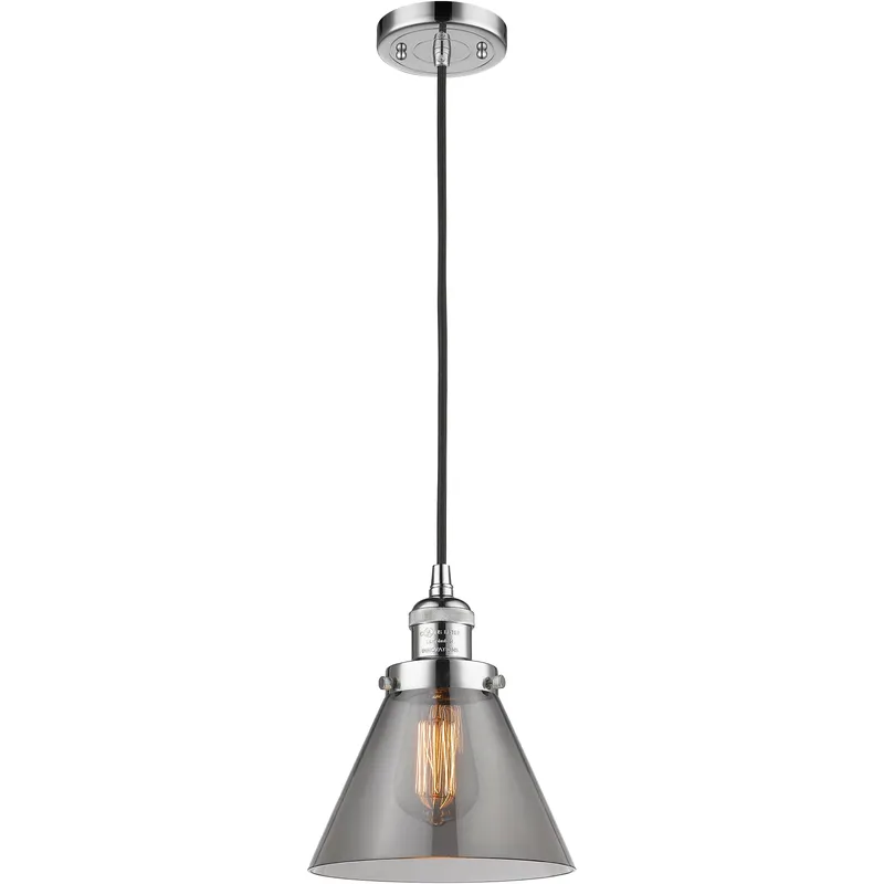 Franklin Restoration Cone LED 8 inch Polished Chrome Mini Pendant Ceiling Light in Light Smoke Glass, Franklin Restoration