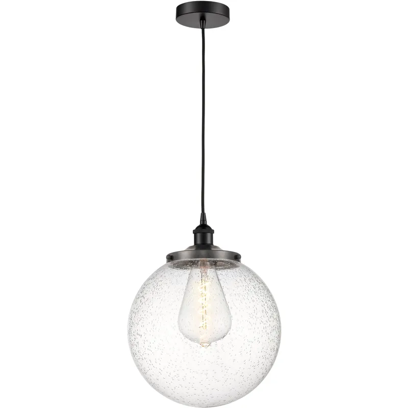 Beacon 1 Light 13.75 inch Matte Black Mini Pendant Ceiling Light in Seedy Glass