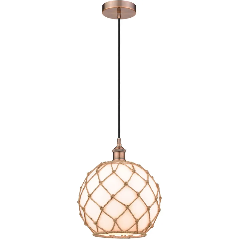 Edison Farmhouse Rope LED 10 inch Antique Copper Mini Pendant Ceiling Light in White Glass with Brown Rope