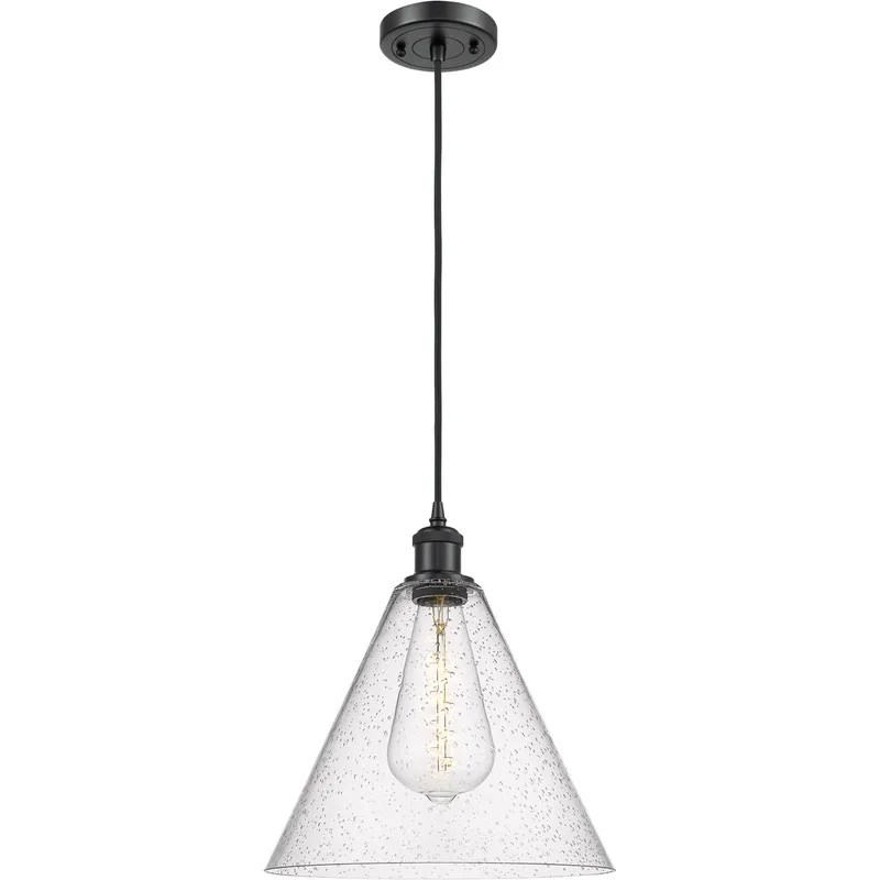 Ballston Cone 1 Light 12 inch Matte Black Mini Pendant Ceiling Light in Seedy Glass