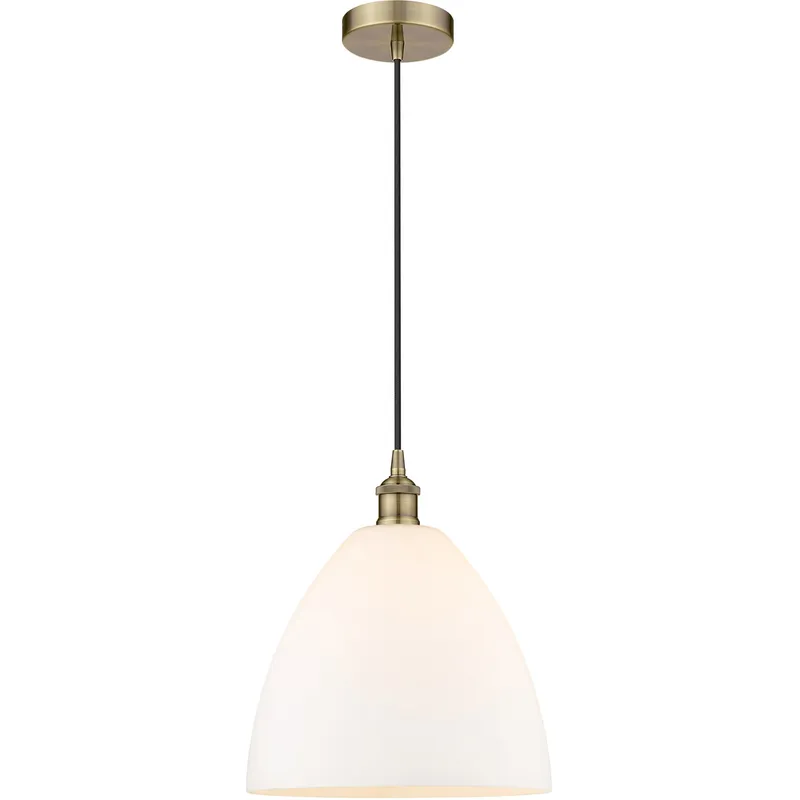 Edison Dome LED 12 inch Antique Brass Mini Pendant Ceiling Light in Matte White Glass