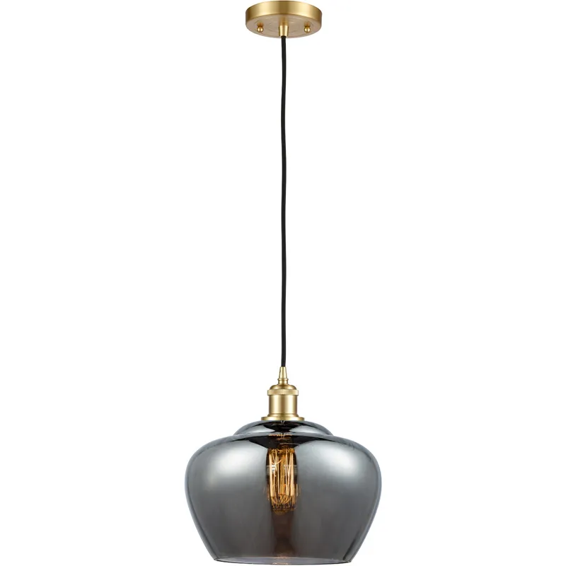 Ballston Large Fenton 1 Light 11 inch Satin Gold Mini Pendant Ceiling Light in Black Textured, Light Smoke Glass, Ballston