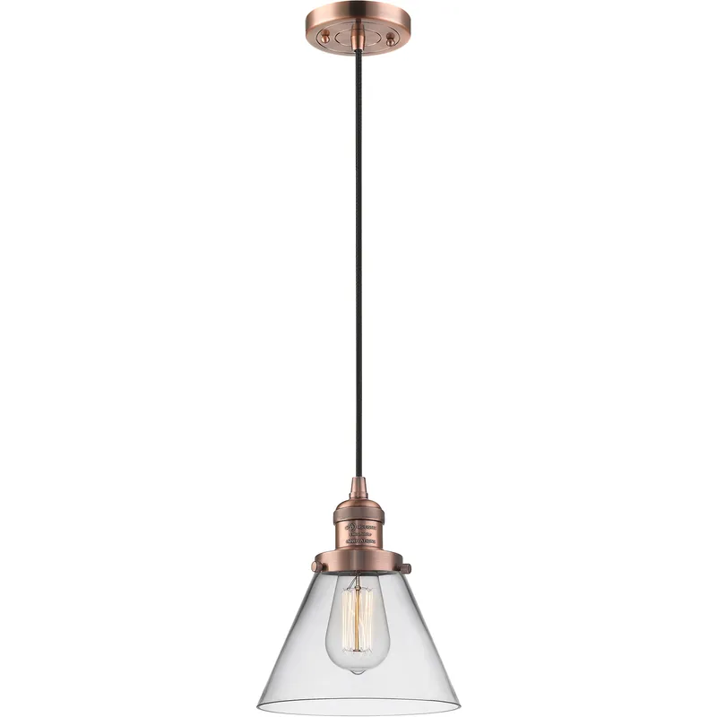 Franklin Restoration Cone 1 Light 8 inch Antique Copper Mini Pendant Ceiling Light in Incandescent, Clear, Franklin Restoration