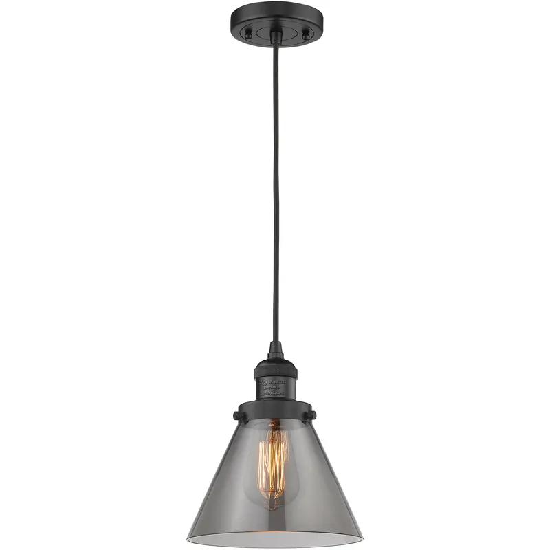 Franklin Restoration Cone LED 8 inch Matte Black Mini Pendant Ceiling Light in Light Smoke Glass, Franklin Restoration