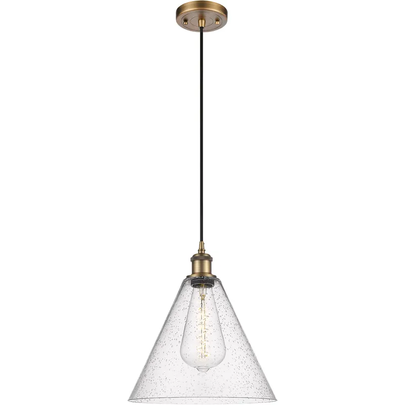 Ballston Cone 1 Light 12 inch Brushed Brass Mini Pendant Ceiling Light in Seedy Glass
