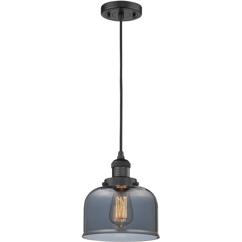 Franklin Restoration Bell LED 8 inch Matte Black Mini Pendant Ceiling Light in Light Smoke Glass, Franklin Restoration