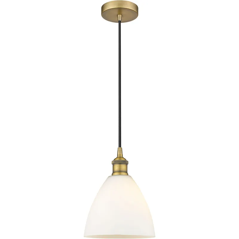 Edison Dome LED 7.5 inch Brushed Brass Mini Pendant Ceiling Light in Matte White Glass