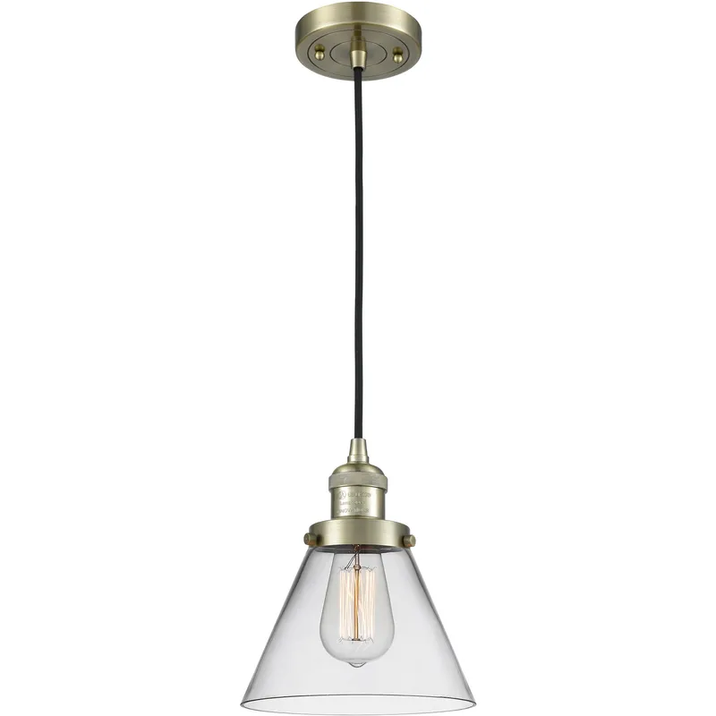 Franklin Restoration Cone LED 8 inch Antique Brass Mini Pendant Ceiling Light in Clear, Franklin Restoration