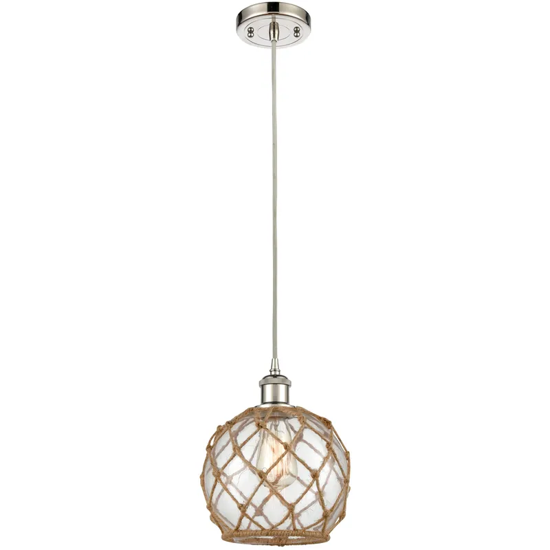 Ballston Farmhouse Rope LED 8 inch Polished Nickel Mini Pendant Ceiling Light in Clear Glass with Brown Rope, Ballston