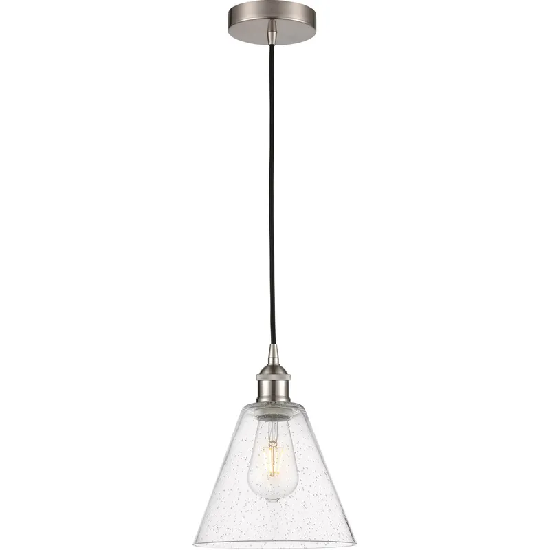 Edison Cone LED 8 inch Brushed Satin Nickel Mini Pendant Ceiling Light in Seedy Glass