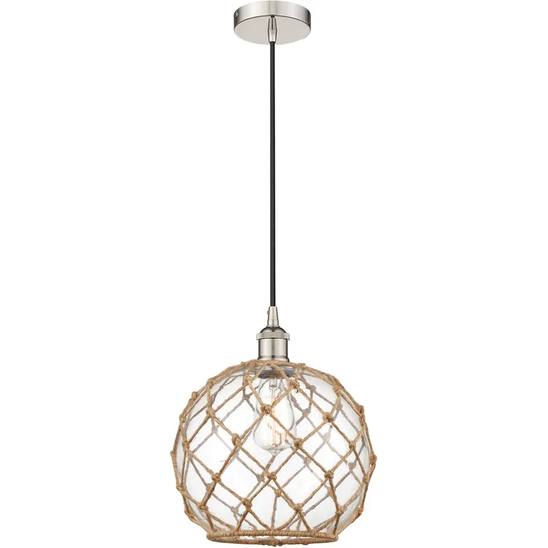 Edison Farmhouse Rope LED 10 inch Polished Nickel Mini Pendant Ceiling Light in Clear Glass with Brown Rope