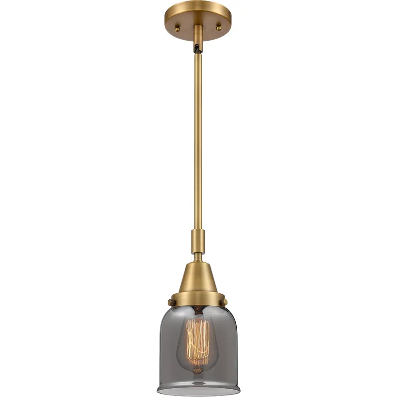 Franklin Restoration Small Bell LED 5 inch Brushed Brass Mini Pendant Ceiling Light in Plated Smoke Glass