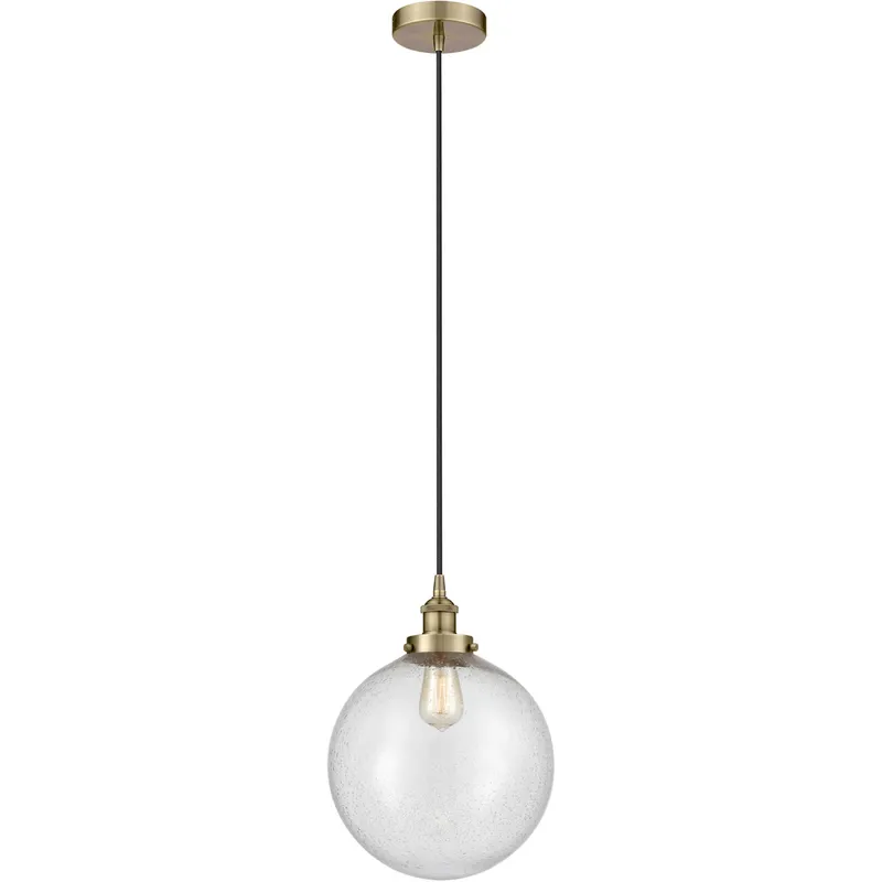 Edison Beacon LED 12 inch Antique Brass Mini Pendant Ceiling Light in Seedy Glass