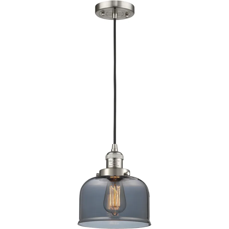 Franklin Restoration Bell LED 8 inch Brushed Satin Nickel Mini Pendant Ceiling Light in Light Smoke Glass, Franklin Restoration