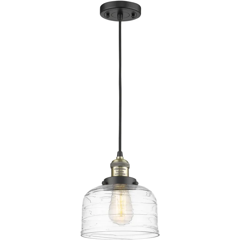 Franklin Restoration Bell LED 8 inch Black Antique Brass Mini Pendant Ceiling Light in Clear Deco Swirl