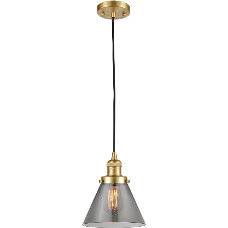 Franklin Restoration Cone LED 8 inch Satin Gold Mini Pendant Ceiling Light in Light Smoke Glass, Franklin Restoration