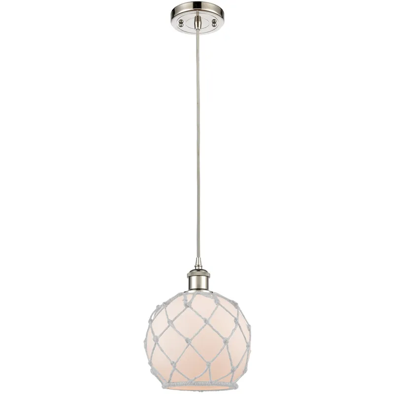 Ballston Farmhouse Rope LED 8 inch Polished Nickel Mini Pendant Ceiling Light in White Glass with White Rope, Ballston