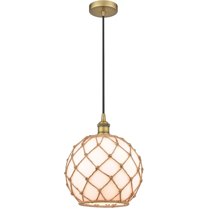Edison Farmhouse Rope LED 10 inch Brushed Brass Mini Pendant Ceiling Light in White Glass with Brown Rope