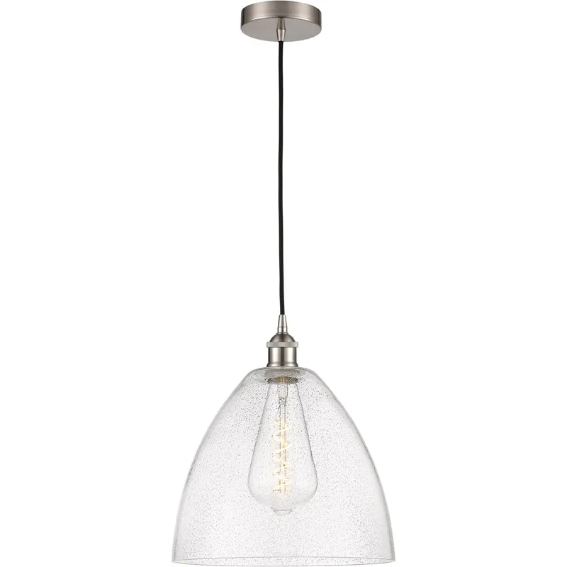 Edison Dome LED 12 inch Brushed Satin Nickel Mini Pendant Ceiling Light in Seedy Glass