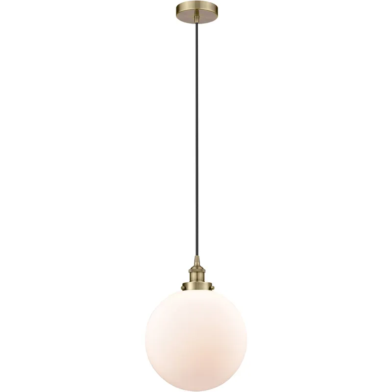 Edison Beacon LED 12 inch Antique Brass Mini Pendant Ceiling Light in Matte White Glass