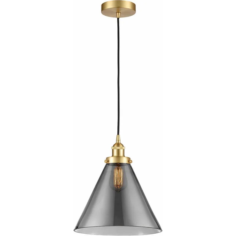 Edison Cone 1 Light 12 inch Satin Gold Mini Pendant Ceiling Light in Light Smoke Glass