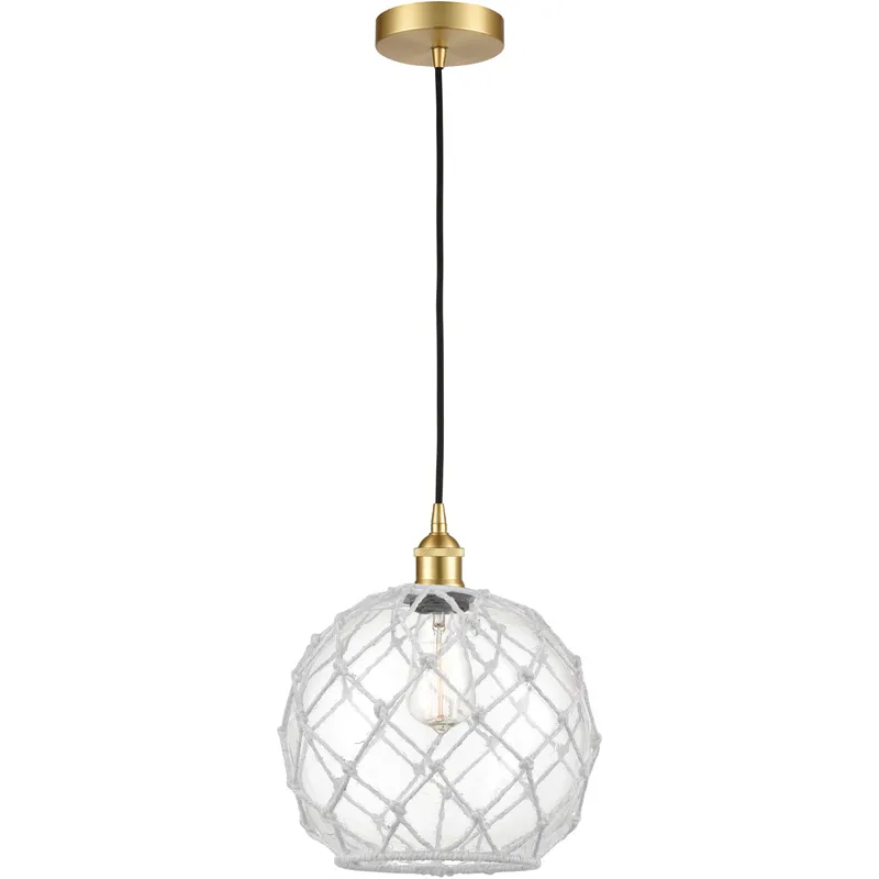 Edison Farmhouse Rope LED 10 inch Satin Gold Mini Pendant Ceiling Light in Clear Glass with White Rope