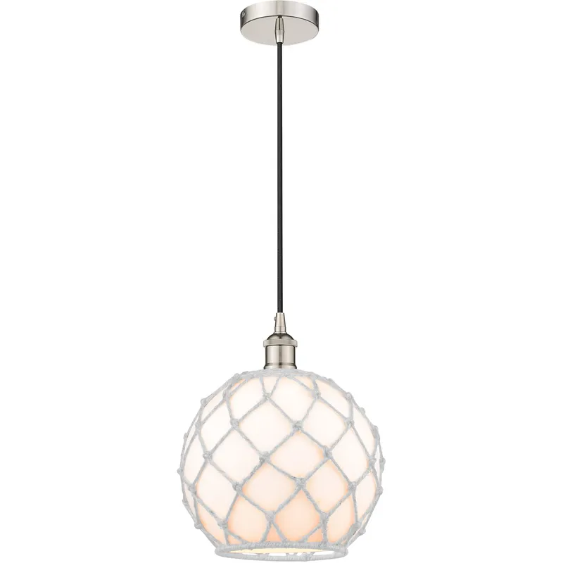 Edison Farmhouse Rope LED 10 inch Polished Nickel Mini Pendant Ceiling Light in White Glass with White Rope