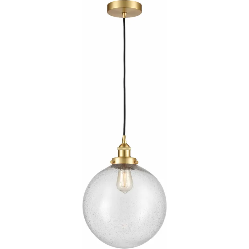 Edison Beacon LED 12 inch Satin Gold Mini Pendant Ceiling Light in Seedy Glass