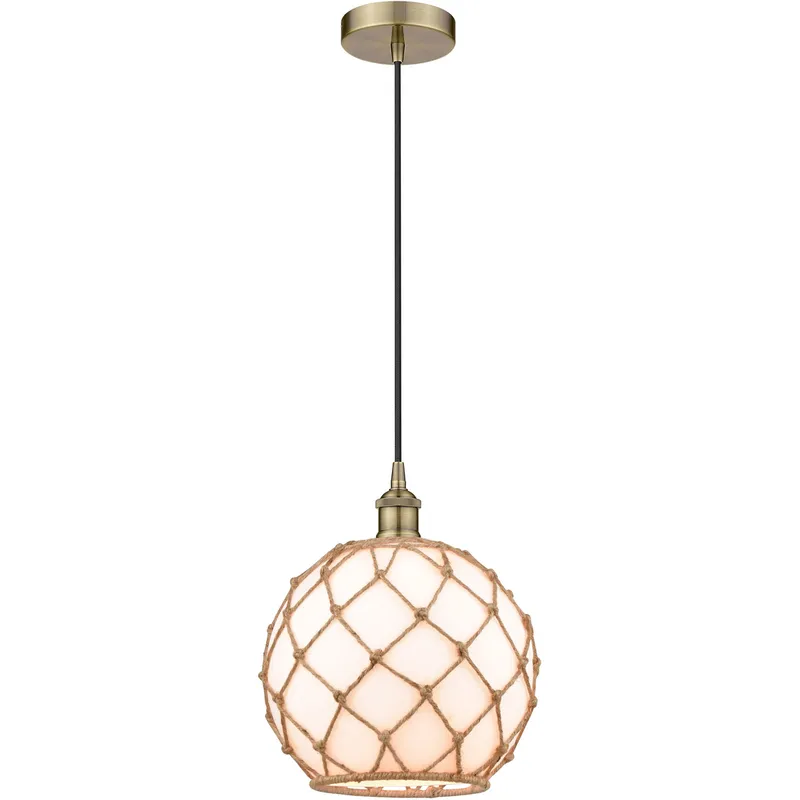 Edison Farmhouse Rope LED 10 inch Antique Brass Mini Pendant Ceiling Light in White Glass with Brown Rope