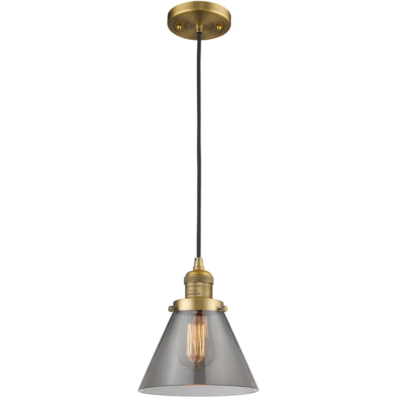 Franklin Restoration Cone 1 Light 8 inch Brushed Brass Mini Pendant Ceiling Light in Bulb Not Included, Light Smoke Glass, Franklin Restoration