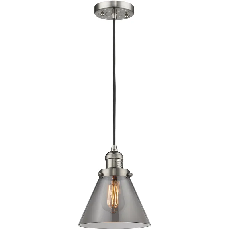 Franklin Restoration Cone LED 8 inch Brushed Satin Nickel Mini Pendant Ceiling Light in Light Smoke Glass, Franklin Restoration