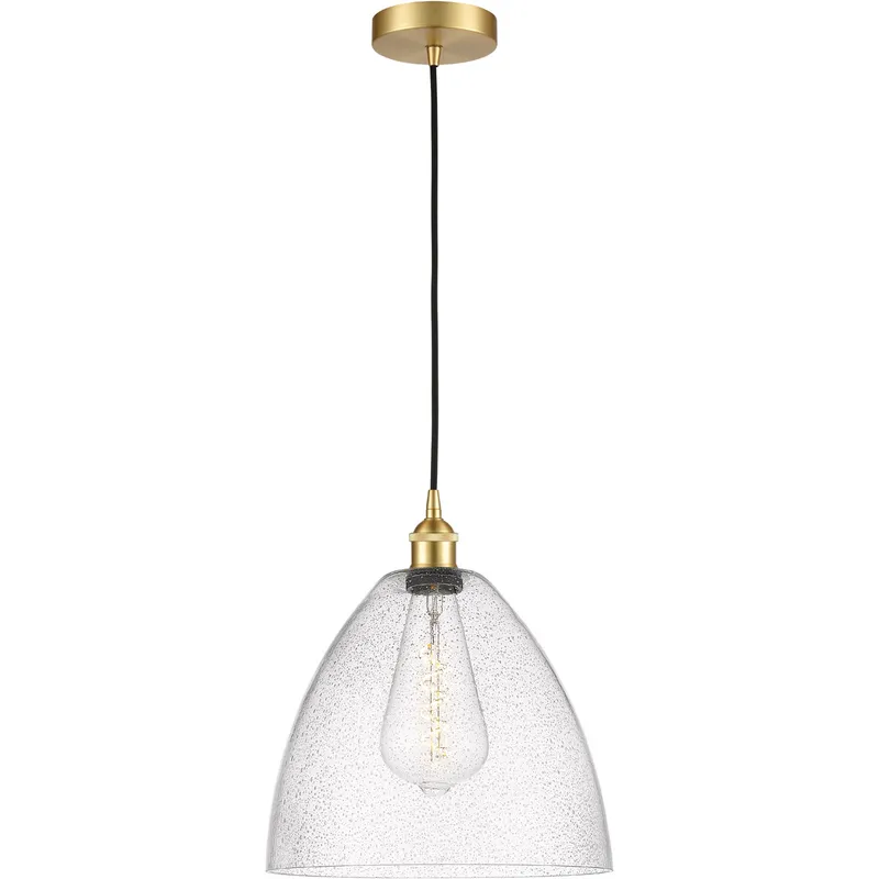 Edison Dome LED 12 inch Satin Gold Mini Pendant Ceiling Light in Seedy Glass