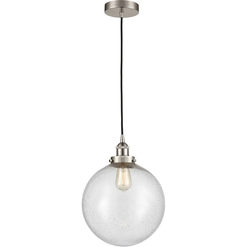 Edison Beacon LED 12 inch Brushed Satin Nickel Mini Pendant Ceiling Light in Seedy Glass