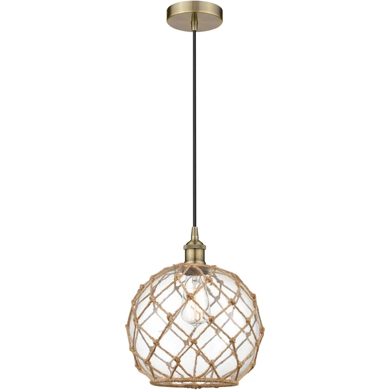 Edison Farmhouse Rope LED 10 inch Antique Brass Mini Pendant Ceiling Light in Clear Glass with Brown Rope