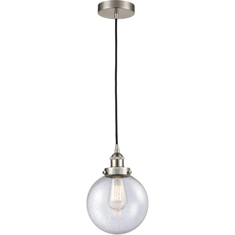 Edison Beacon LED 8 inch Brushed Satin Nickel Mini Pendant Ceiling Light in Seedy Glass