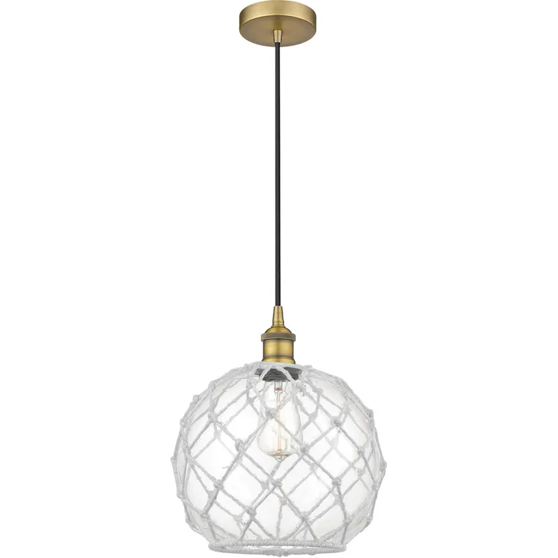 Edison Farmhouse Rope LED 10 inch Brushed Brass Mini Pendant Ceiling Light in Clear Glass with White Rope