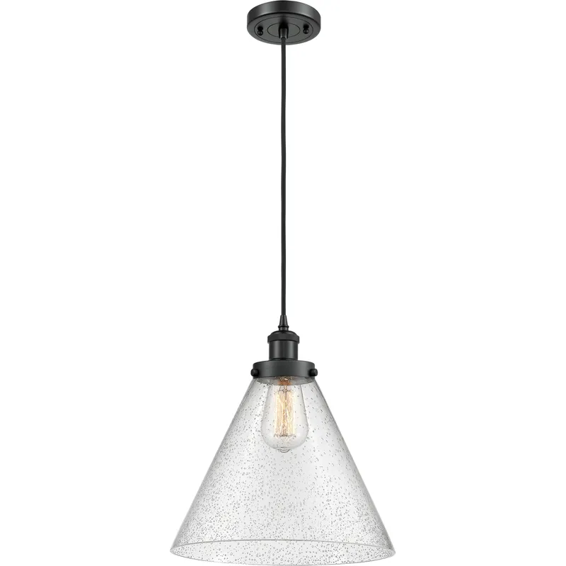 Ballston X-Large Cone LED 8 inch Matte Black Mini Pendant Ceiling Light in Seedy Glass, Black Textured