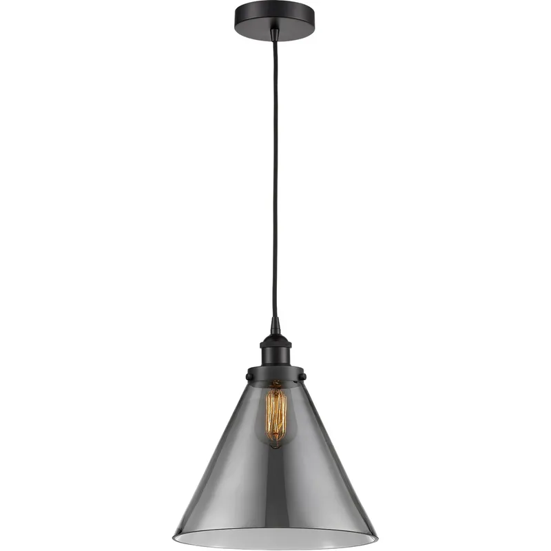 Edison Cone 1 Light 12 inch Matte Black Mini Pendant Ceiling Light in Light Smoke Glass