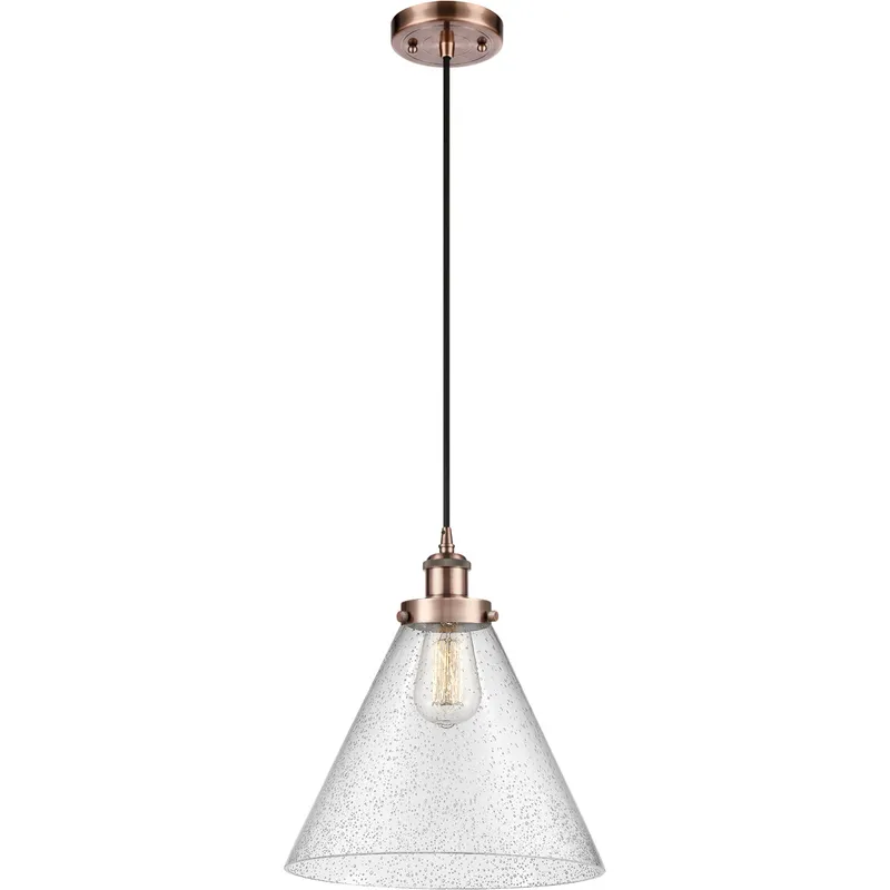 Ballston X-Large Cone LED 8 inch Antique Copper Mini Pendant Ceiling Light in Seedy Glass, Black Textured