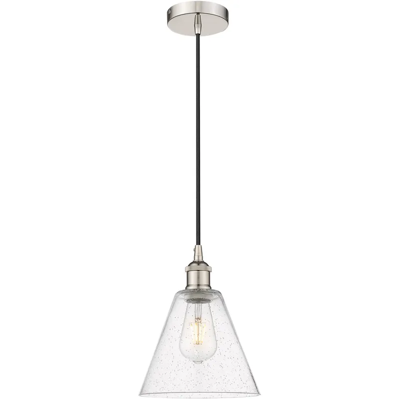 Edison Cone LED 8 inch Polished Nickel Mini Pendant Ceiling Light in Seedy Glass