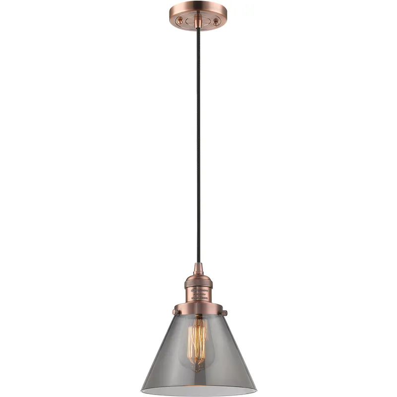 Franklin Restoration Cone LED 8 inch Antique Copper Mini Pendant Ceiling Light in Light Smoke Glass, Franklin Restoration